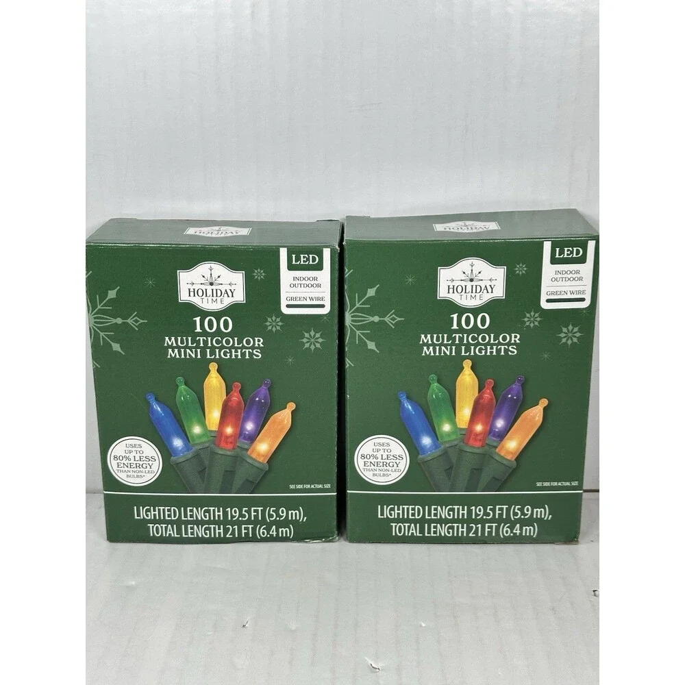 Lot Of 2 Holiday Time 100 MULTICOLOR Mini LED Christmas Lights Strand Green Wire